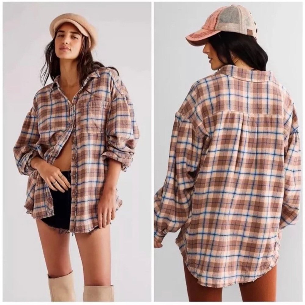 Free People We The Free Happy Hour Tan Plaid Oversized Shirt Size Medium Boho